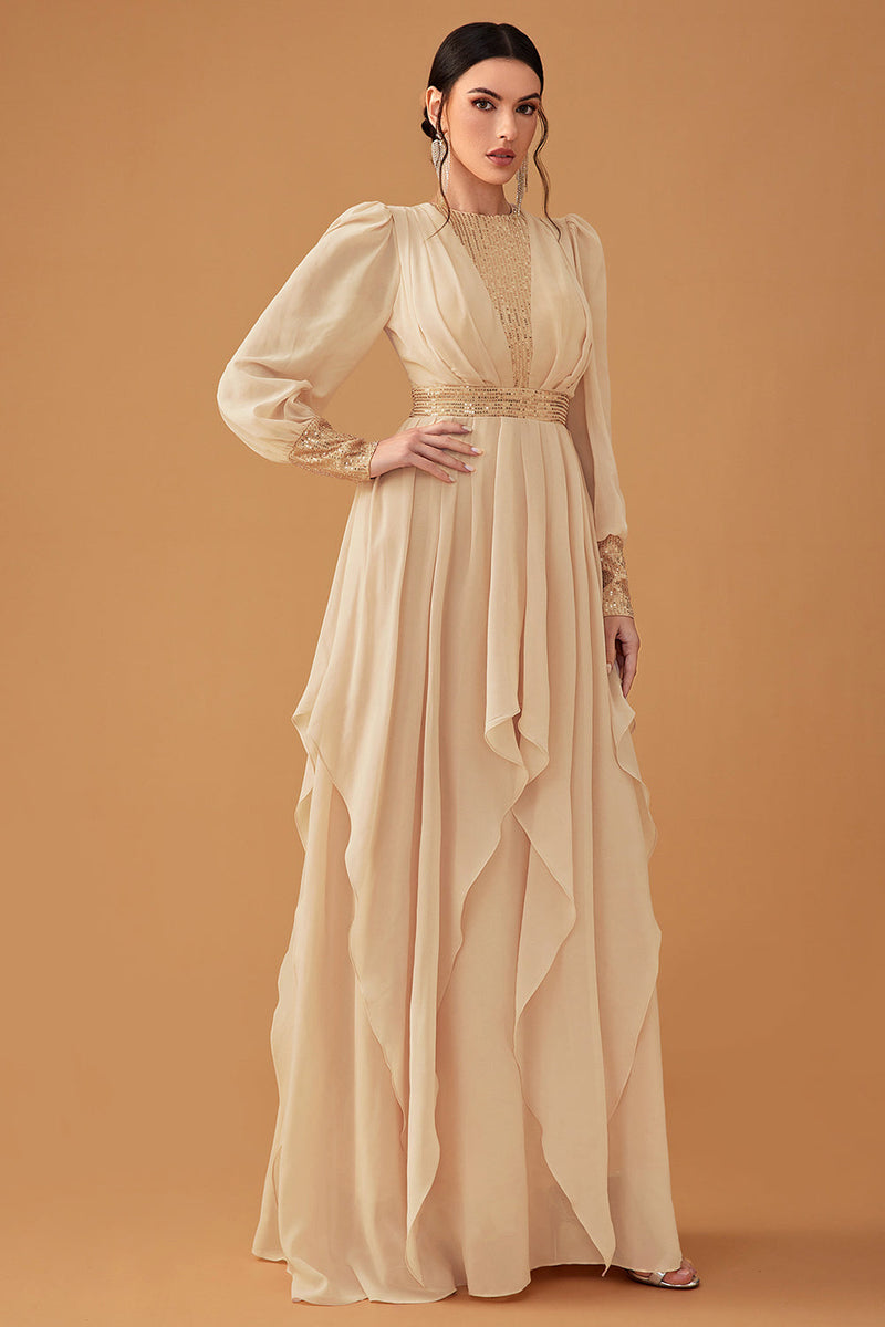 Load image into Gallery viewer, Champagne Ruffles A Line Long Prom Dress with Long Sleeves