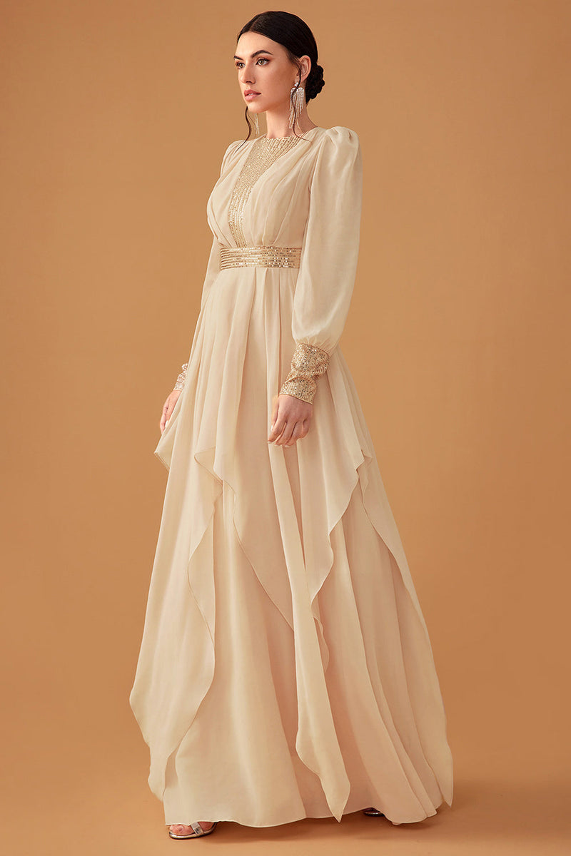 Load image into Gallery viewer, Champagne Ruffles A Line Long Prom Dress with Long Sleeves