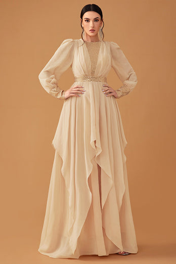 Champagne Ruffles A Line Long Prom Dress with Long Sleeves