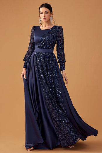 Glitter Sequins Navy A Line Long Prom Dress with Long Sleeves