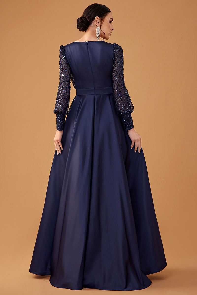 Load image into Gallery viewer, Glitter Sequins Navy A Line Long Prom Dress with Long Sleeves