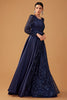 Load image into Gallery viewer, Glitter Sequins Navy A Line Long Prom Dress with Long Sleeves