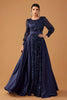 Load image into Gallery viewer, Glitter Sequins Navy A Line Long Prom Dress with Long Sleeves