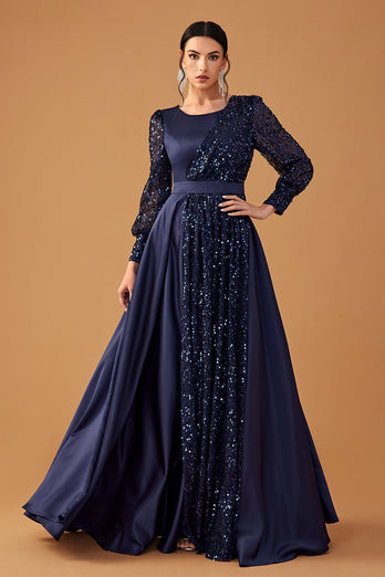 Glitter Sequins Navy A Line Long Prom Dress with Long Sleeves