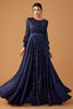 Load image into Gallery viewer, Glitter Sequins Navy A Line Long Prom Dress with Long Sleeves