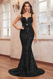 Glitter Sequins Black Mermaid Spaghetti Straps Long Prom Dress