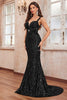 Load image into Gallery viewer, Glitter Sequins Black Mermaid Spaghetti Straps Long Prom Dress