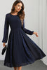 Load image into Gallery viewer, Navy A Line Round Neck Long Prom Dress with Long Sleeves