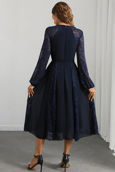 Navy A Line Round Neck Long Prom Dress with Long Sleeves