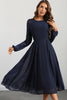 Load image into Gallery viewer, Navy A Line Round Neck Long Prom Dress with Long Sleeves