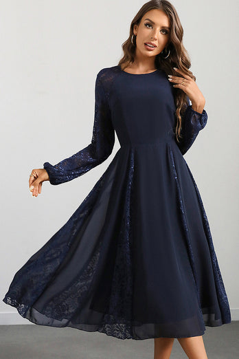 Navy A Line Round Neck Long Prom Dress with Long Sleeves