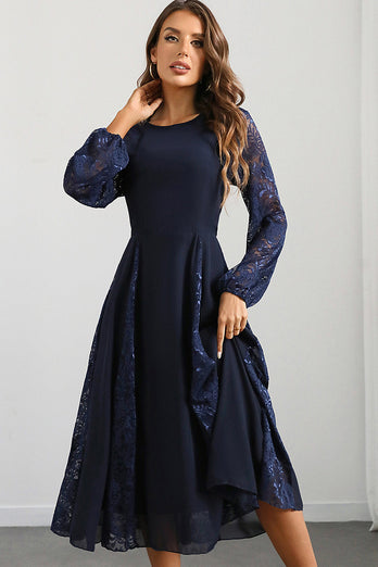 Navy A Line Round Neck Long Prom Dress with Long Sleeves