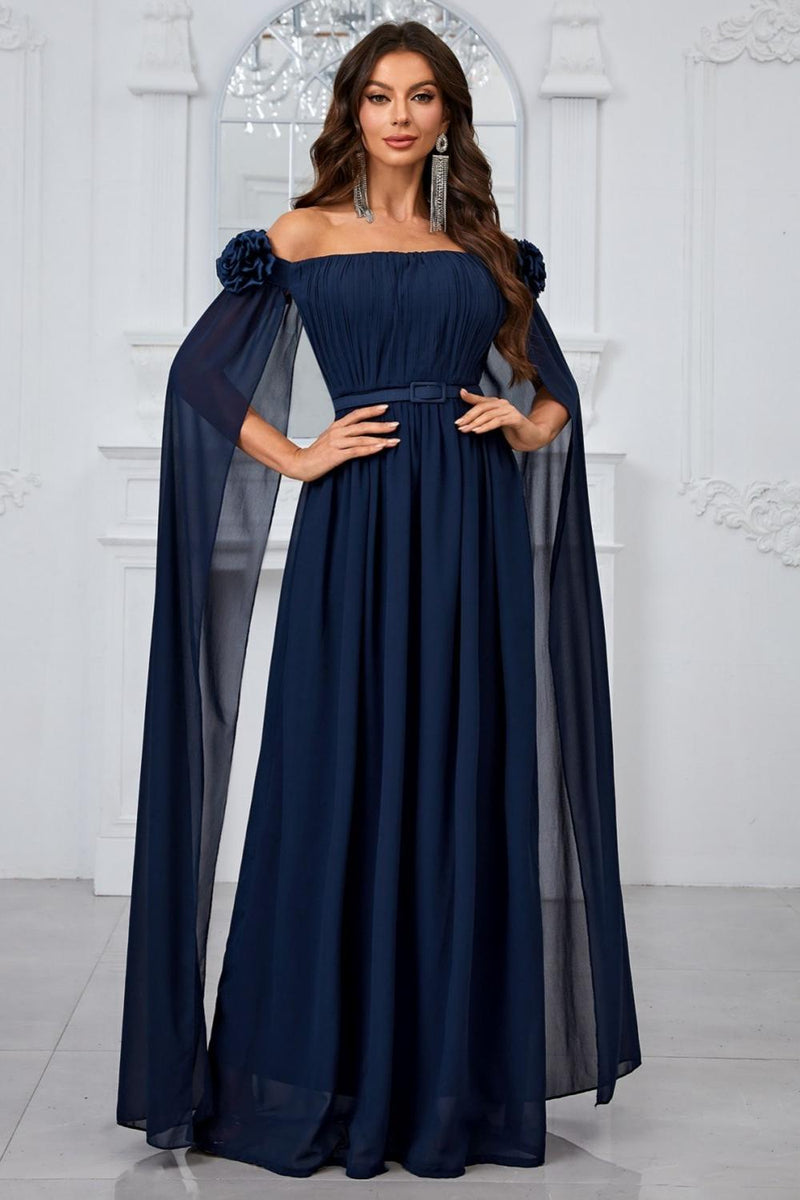 Load image into Gallery viewer, Navy Pleated A Line Off the Shoulder Long Prom Dress