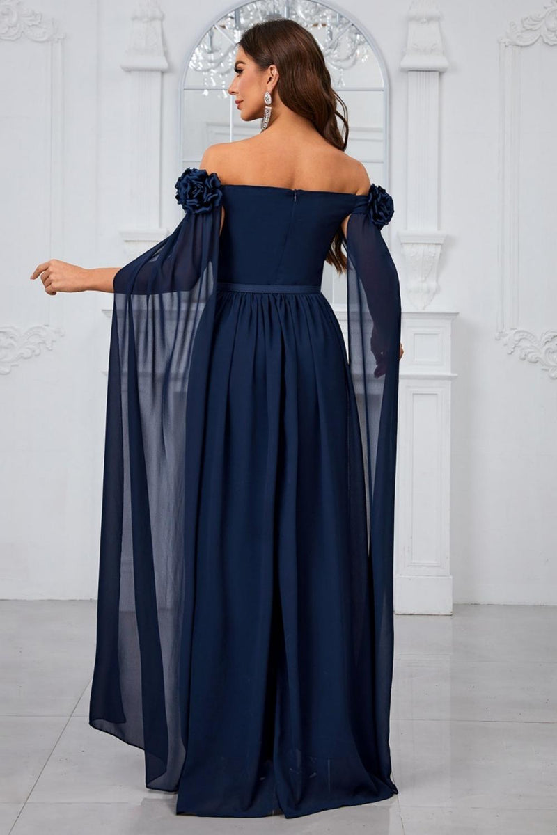 Load image into Gallery viewer, Navy Pleated A Line Off the Shoulder Long Prom Dress