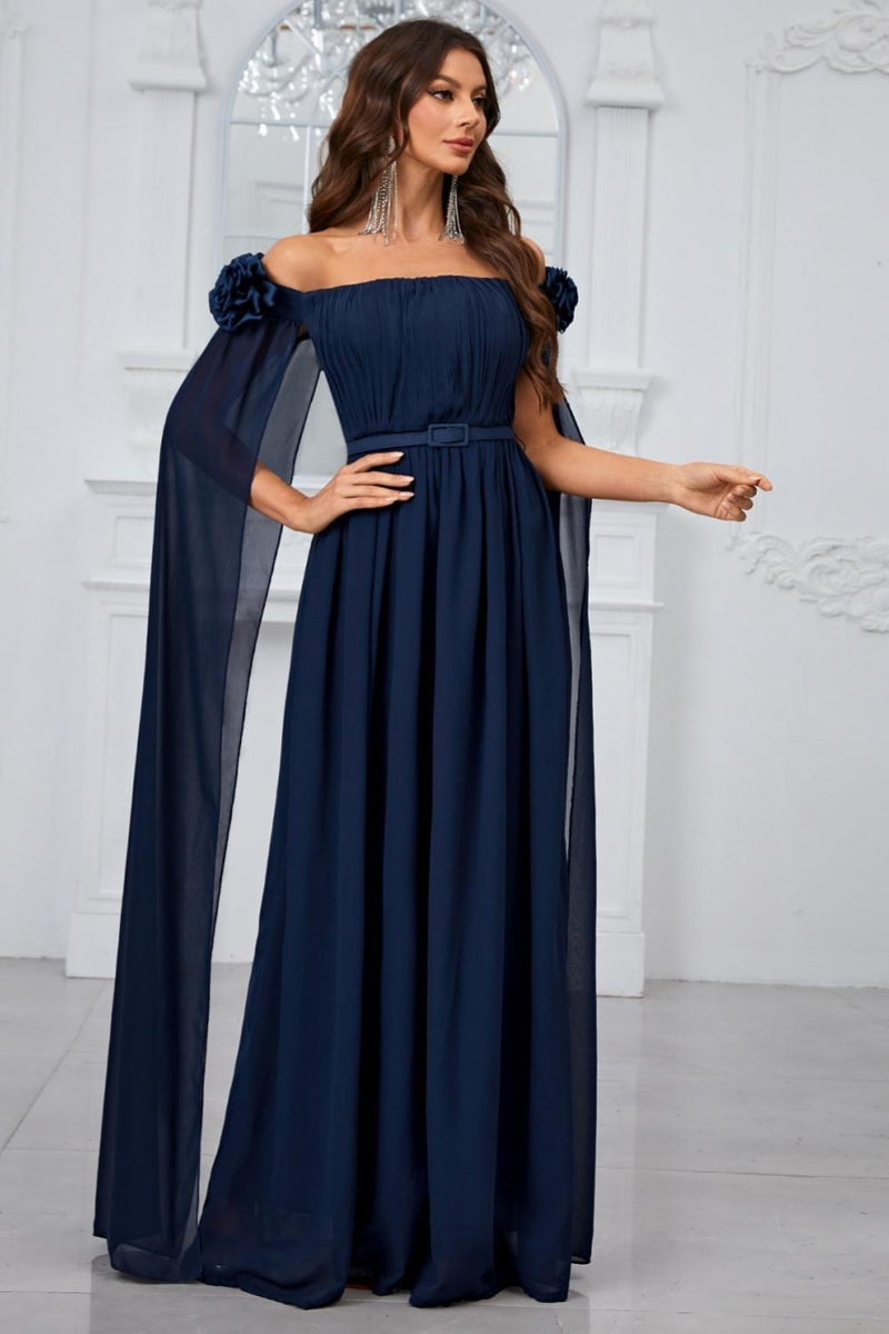 Load image into Gallery viewer, Navy Pleated A Line Off the Shoulder Long Prom Dress