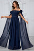 Load image into Gallery viewer, Navy Pleated A Line Off the Shoulder Long Prom Dress