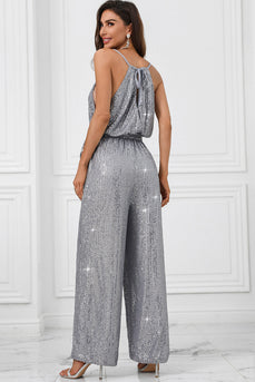 Grey Glitter Sequin Sleeveless Wide Leg Jumpsuit