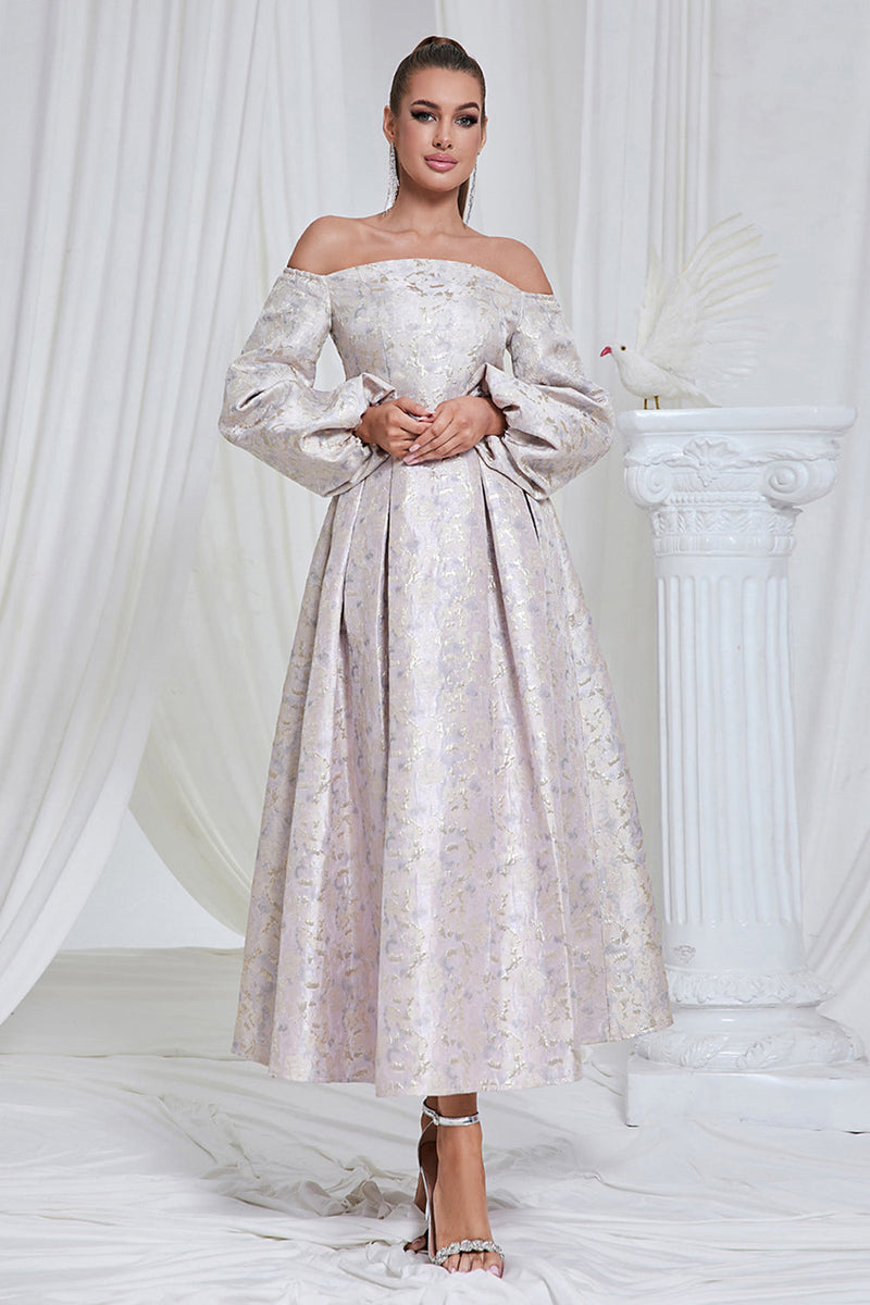 Load image into Gallery viewer, Lilac Pleated Off the Shoulder A Line Long Prom Dress with Long Sleeves