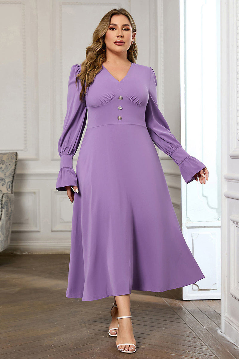 Load image into Gallery viewer, Violet V Neck Long Sleeve Plain Midi Bodycon Prom Dress