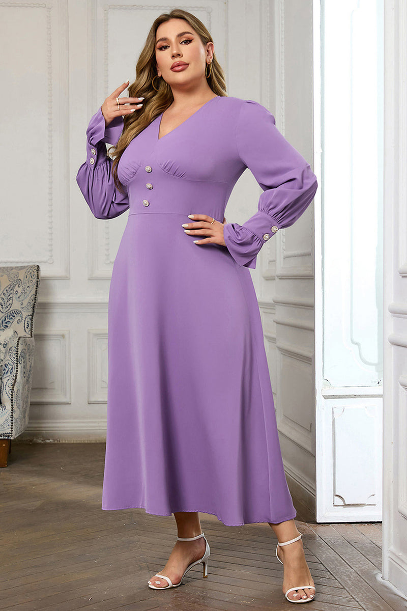 Load image into Gallery viewer, Violet V Neck Long Sleeve Plain Midi Bodycon Prom Dress