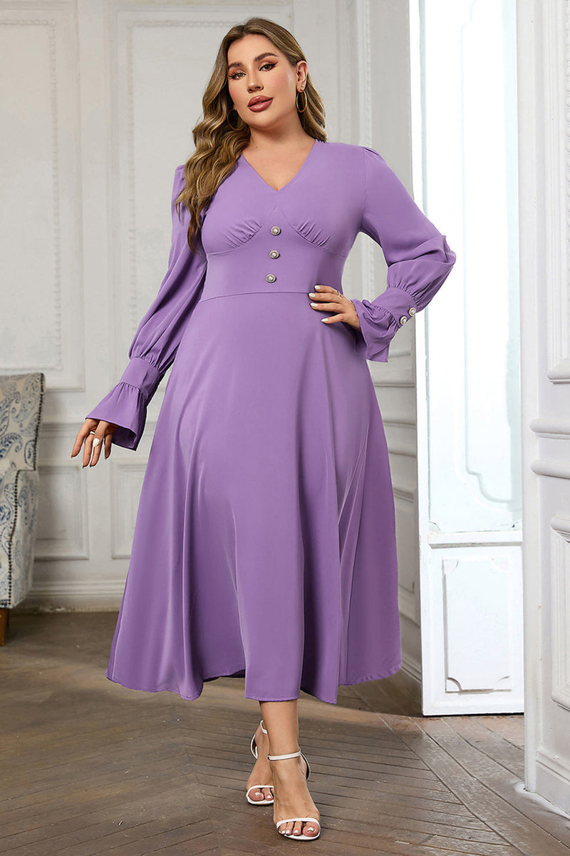 Load image into Gallery viewer, Violet V Neck Long Sleeve Plain Midi Bodycon Prom Dress