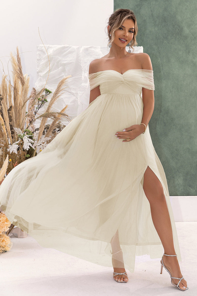 Load image into Gallery viewer, Apricot A Line Off the Shoulder Maternity Bridesmaid Dress witn Slit