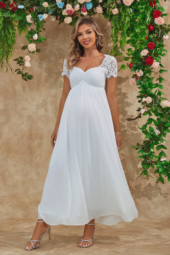 A Line White Long Maternity Bridesmaid Dress With Short Sleeves