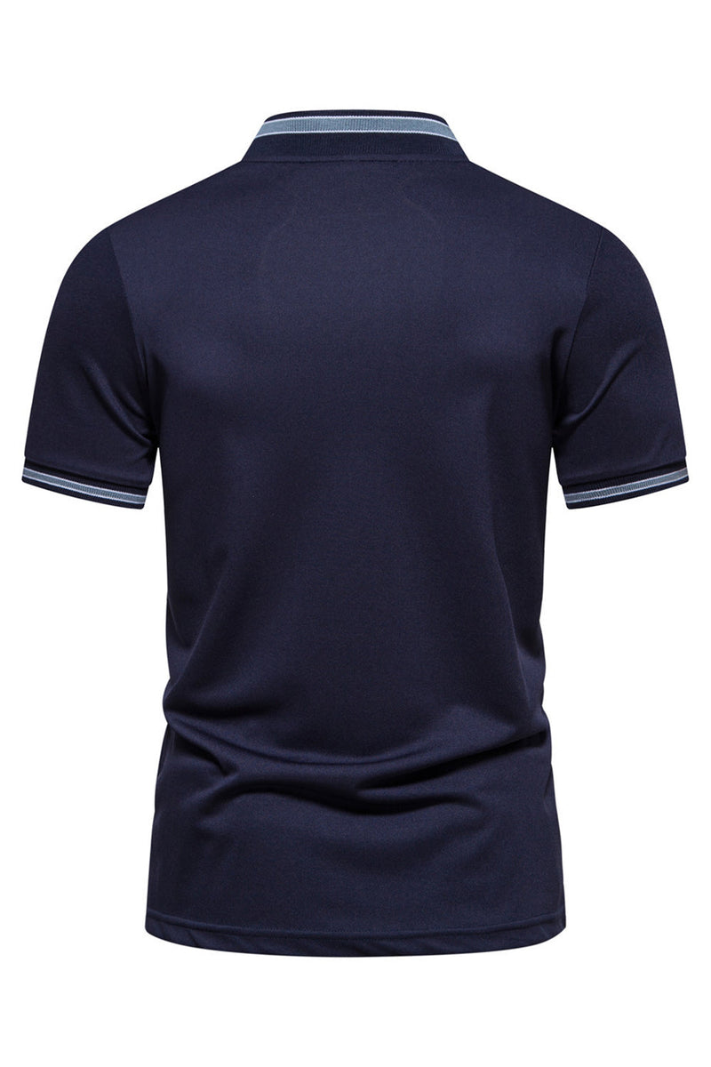 Load image into Gallery viewer, Navy Short Sleeves Zipper Cotton Men&#39;s Polo Shirt