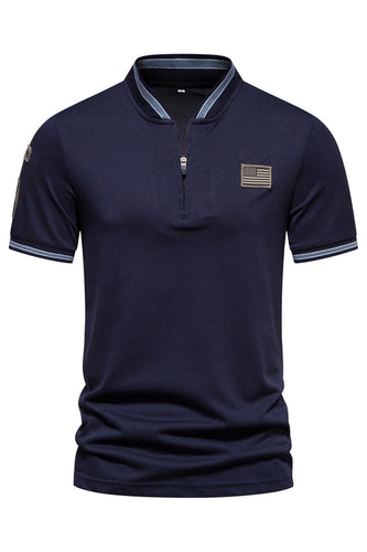 Navy Short Sleeves Zipper Cotton Men's Polo Shirt