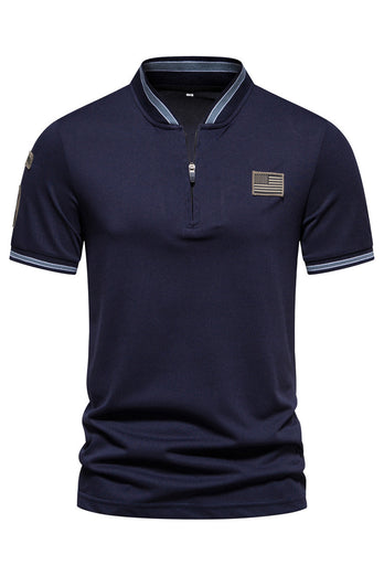 Navy Short Sleeves Zipper Cotton Men's Polo Shirt