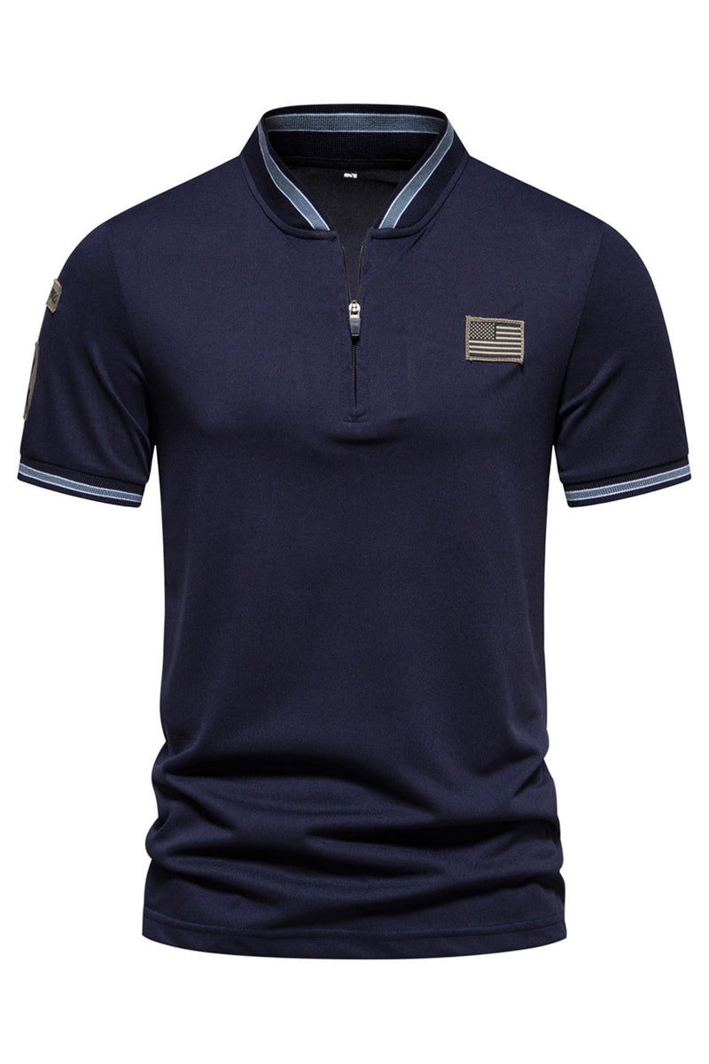 Load image into Gallery viewer, Navy Short Sleeves Zipper Cotton Men&#39;s Polo Shirt