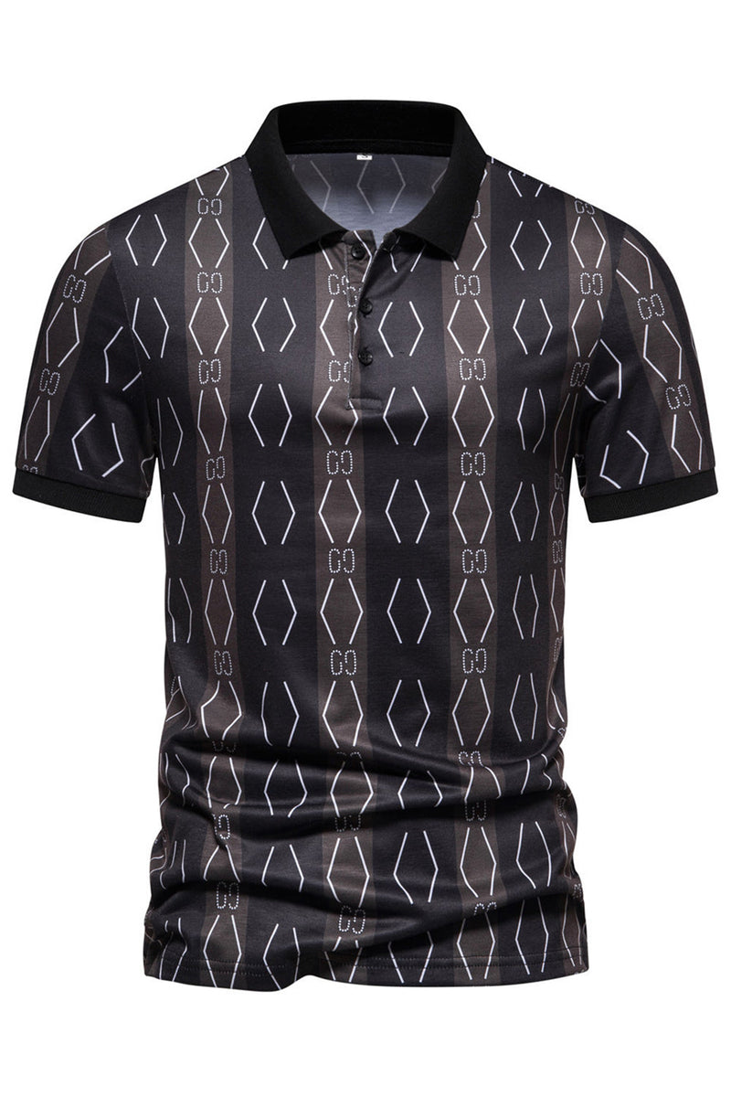 Load image into Gallery viewer, Black Pattern Printed Short Sleeves Men&#39;s Polo Shirt