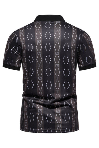 Black Pattern Printed Short Sleeves Men's Polo Shirt