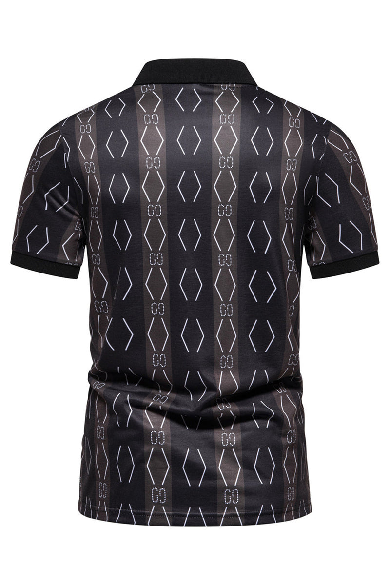 Load image into Gallery viewer, Black Pattern Printed Short Sleeves Men&#39;s Polo Shirt