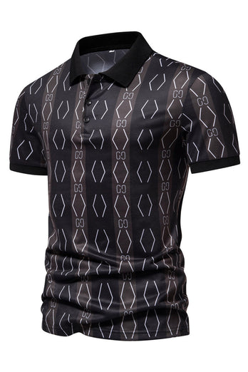 Black Pattern Printed Short Sleeves Men's Polo Shirt