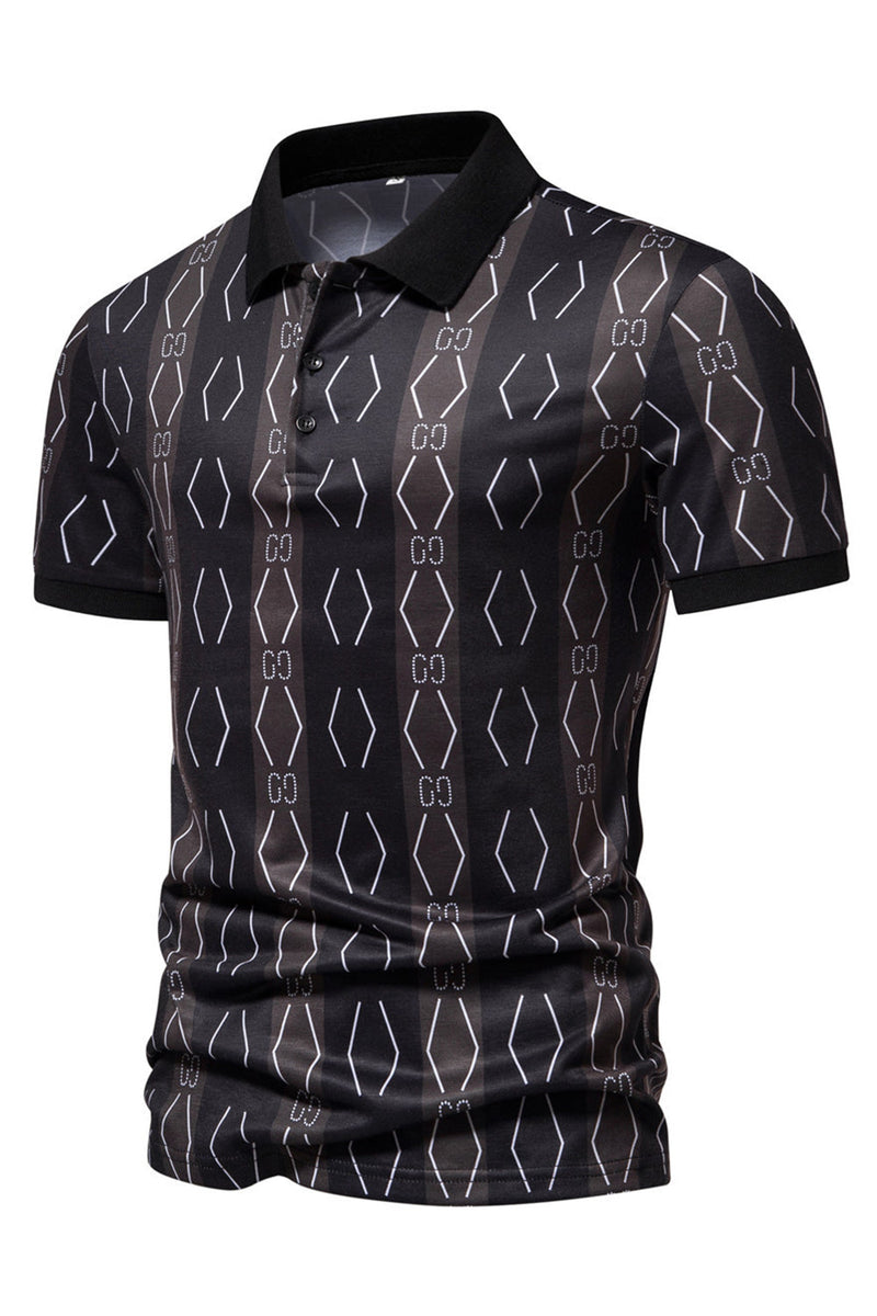 Load image into Gallery viewer, Black Pattern Printed Short Sleeves Men&#39;s Polo Shirt