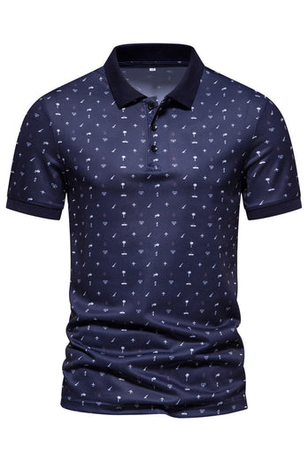 Dark Blue Pattern Printed Short Sleeves Men's Polo Shirt