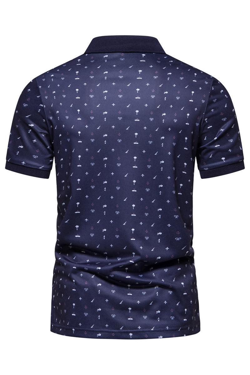 Load image into Gallery viewer, Dark Blue Pattern Printed Short Sleeves Men&#39;s Polo Shirt