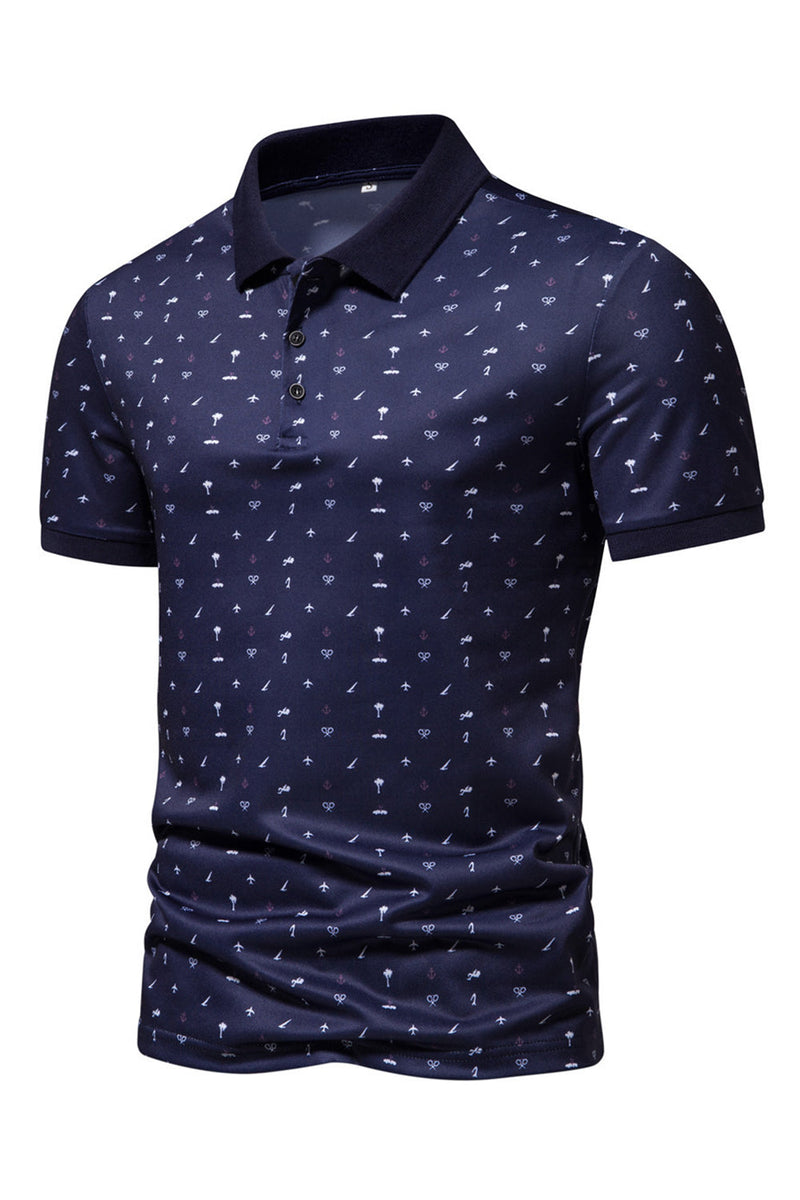 Load image into Gallery viewer, Dark Blue Pattern Printed Short Sleeves Men&#39;s Polo Shirt