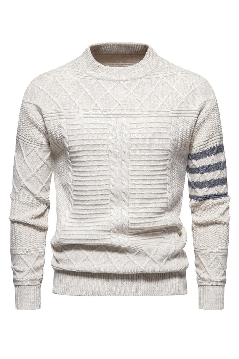 Load image into Gallery viewer, White Men&#39;s Round Neck Cable Pullover Sweater