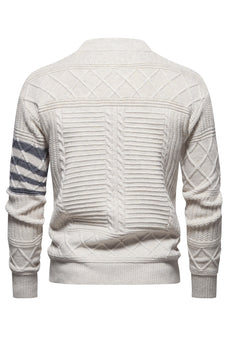 White Men's Round Neck Cable Pullover Sweater