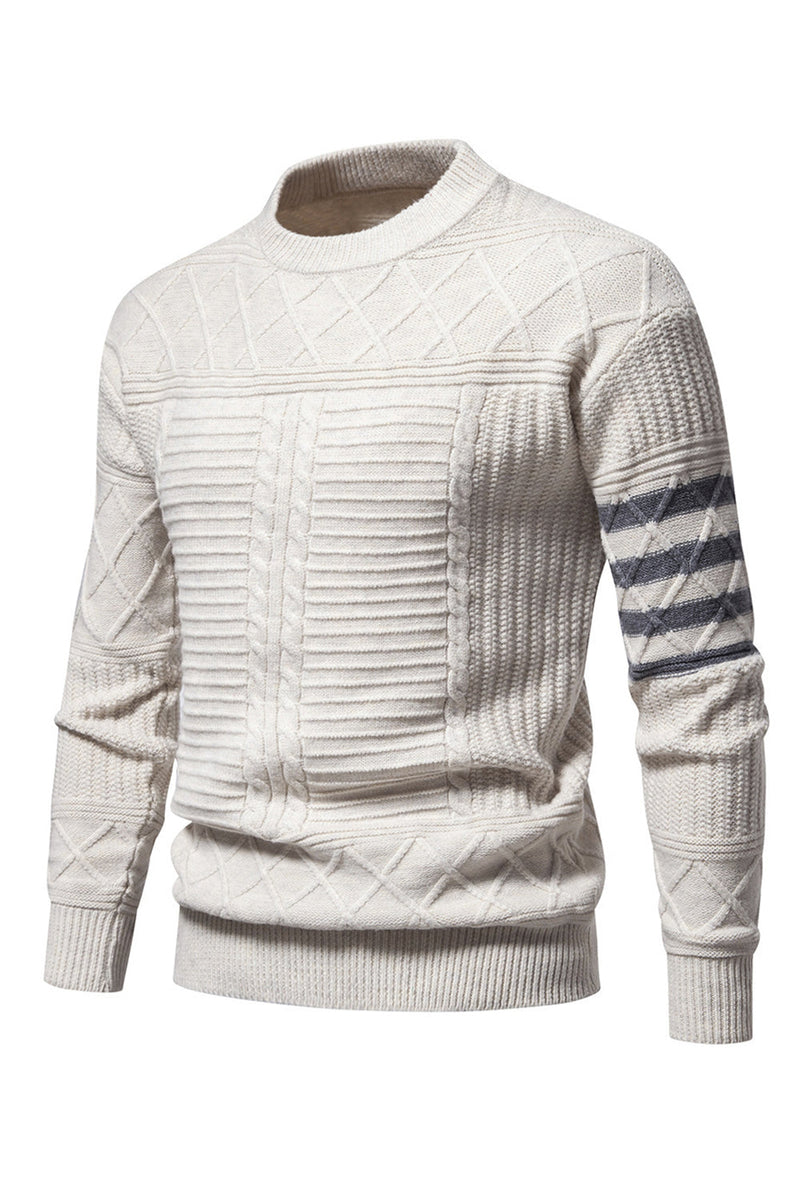 Load image into Gallery viewer, White Men&#39;s Round Neck Cable Pullover Sweater