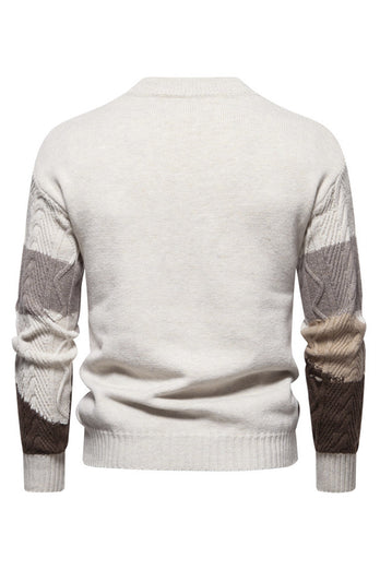 Men's White Round Neck Colorblock Cable Pullover Sweater