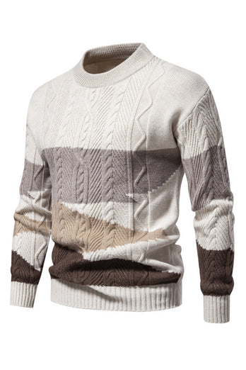 Men's White Round Neck Colorblock Cable Pullover Sweater