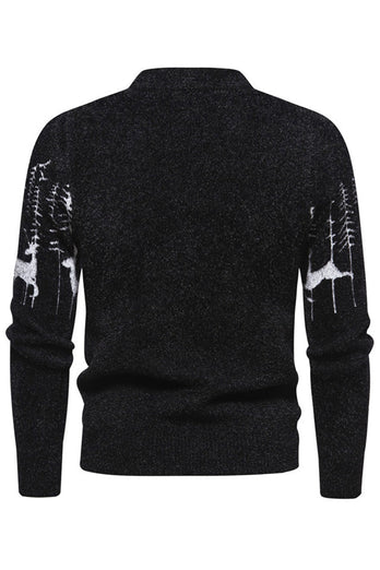 Men's Black Slim-fit Crew Neck Christmas Deer Print Sweater