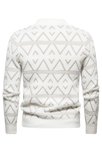 White Men's Round Neck Striped Print Pullover Sweater