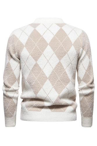 Light Khaki Men's Round Neck Knit Printed Sweater