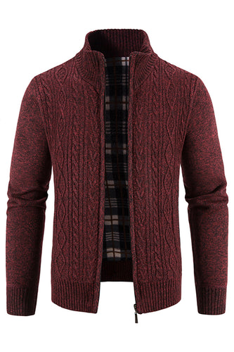 Men's Burgundy Stand Collar Thickened Cardigan Sweater