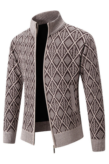 Men's Jacquard Plus Velvet Casual Stand Collar Cardigan Jacket