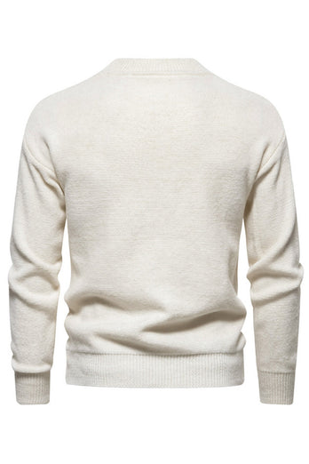 White Jacquard Round Neck Men's Knit Sweater